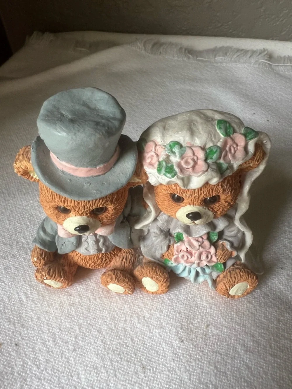 Wedding Bear Cake Topper Pair in Pastel Pink and Gray